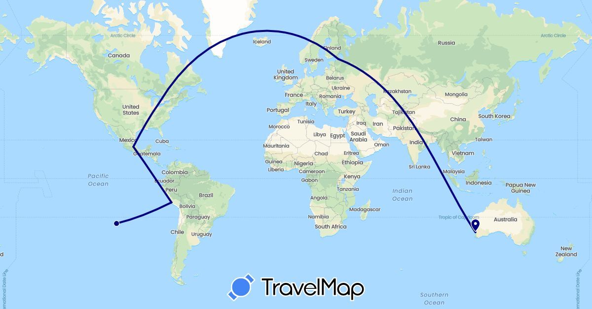TravelMap itinerary: driving in Australia, Chile, Italy, Mexico, Peru, Russia (Europe, North America, Oceania, South America)